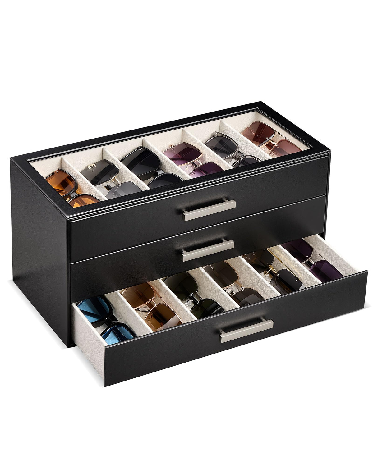 ProCase Sunglasses Organizer Box with Clear Glass Lid, PU Leather Eyeglass Storage Display Case for Men and Women