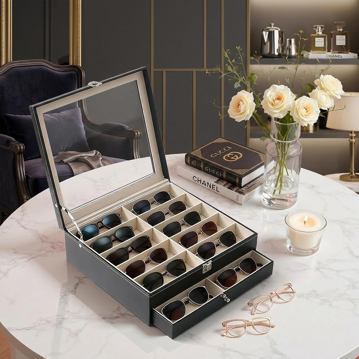 20 Slots Sunglasses Storage Jewelry Box, PU Leather Large Sunglasses Organizer Case Holder with Clear Lid