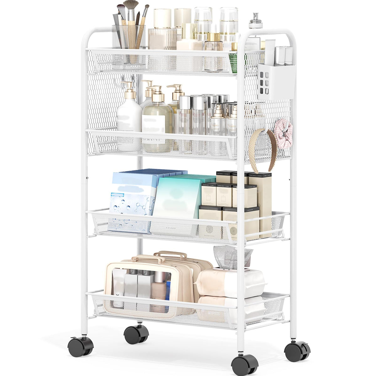 KINGRACK 4 Tier Rolling Cart, Metal Utility Storage Cart with Pegboard
