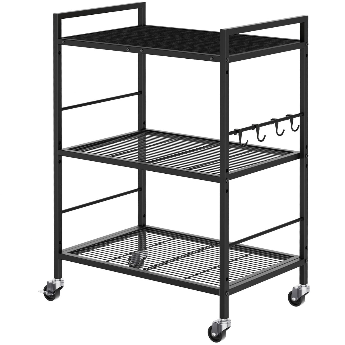 3-Tier Metal Storage Rack with Industrial Wheels,Mesh Shelving Unit with Wooden Table top,Adjustable Shelf,31.5-Inch Width, for Kitchen, Laundry,Pantry,Plant,Black