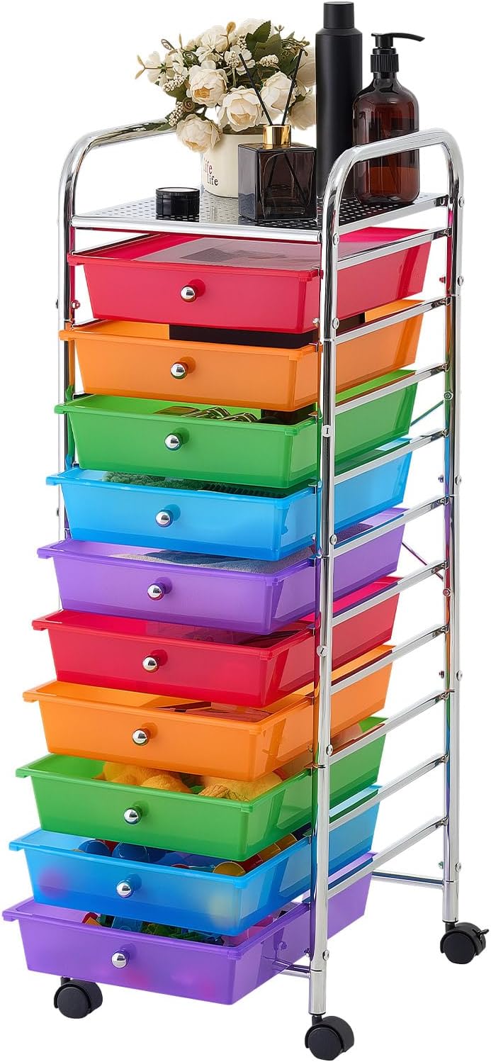 VEVOR Rolling Cart with Drawers, 10 Drawer Storage Organizer, Mobile Utility Cart with Steel Frame, Universal Casters & 2 Brakes, Great for Office, Classroom, Craft Tools, Garage, Studio, Rainbow