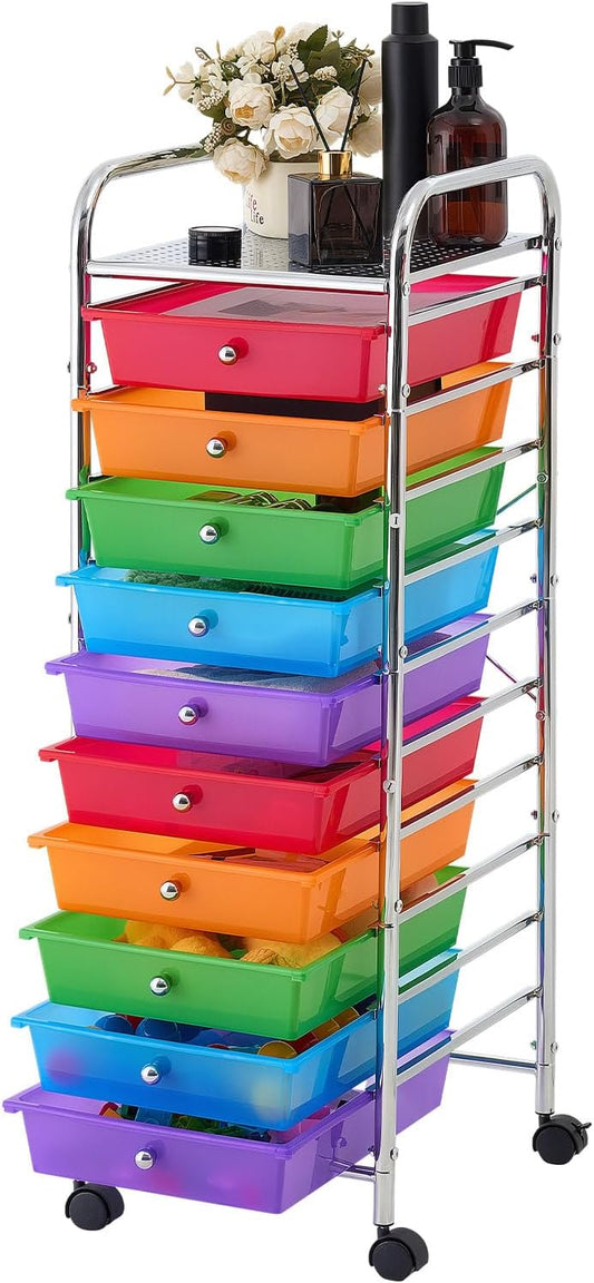 VEVOR Rolling Cart with Drawers, 10 Drawer Storage Organizer, Mobile Utility Cart with Steel Frame, Universal Casters & 2 Brakes, Great for Office, Classroom, Craft Tools, Garage, Studio, Rainbow