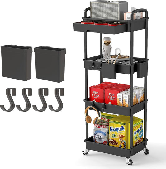 4 Tier Rolling Utility Cart with Drawer,REBECAT Utility Cart Made of Multifunctional Storage Organizer Tool for Kitchen,Bathroom,Living Room,Office(Black)