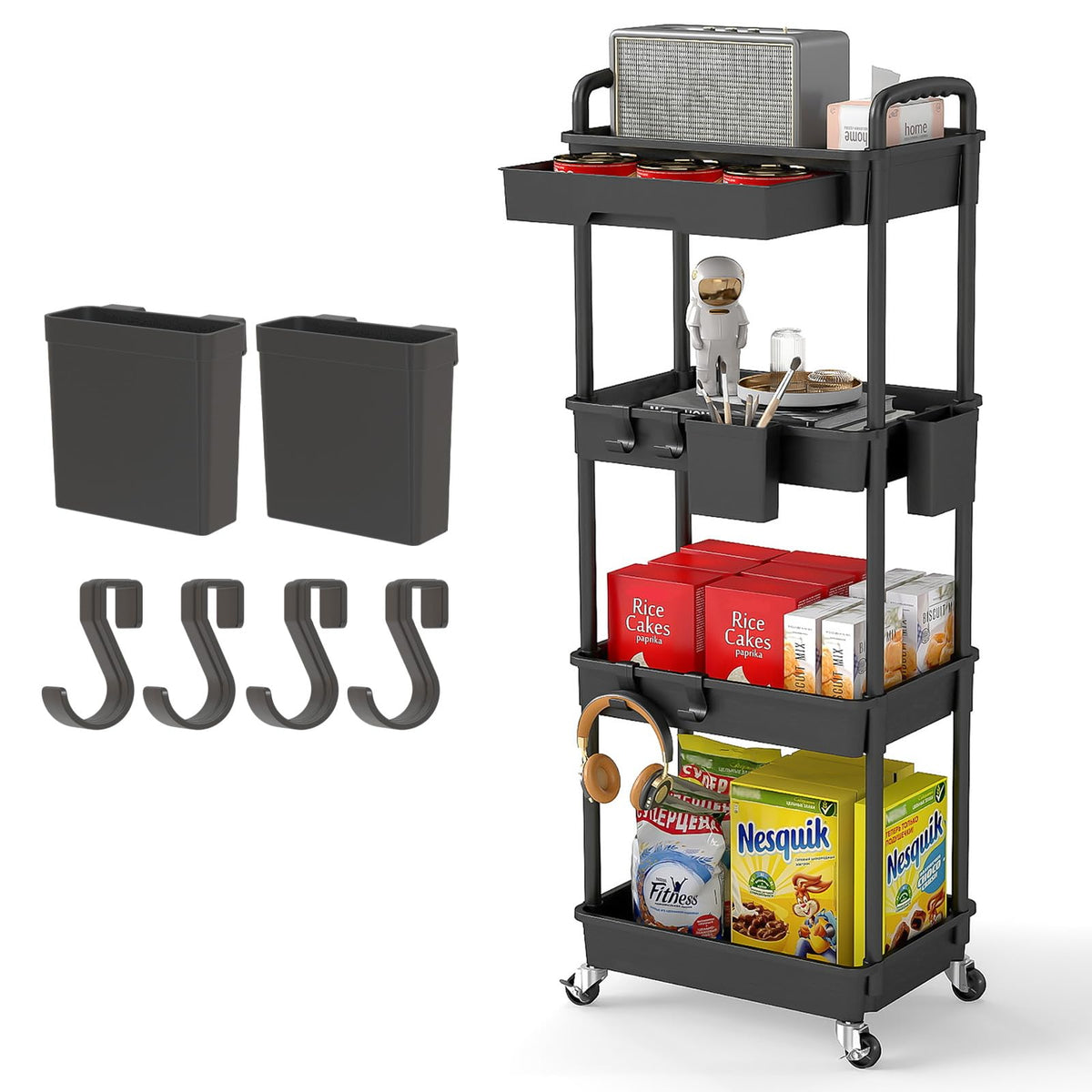 4 Tier Rolling Utility Cart with Drawer,REBECAT Utility Cart Made of Multifunctional Storage Organizer Tool for Kitchen,Bathroom,Living Room,Office(Black)