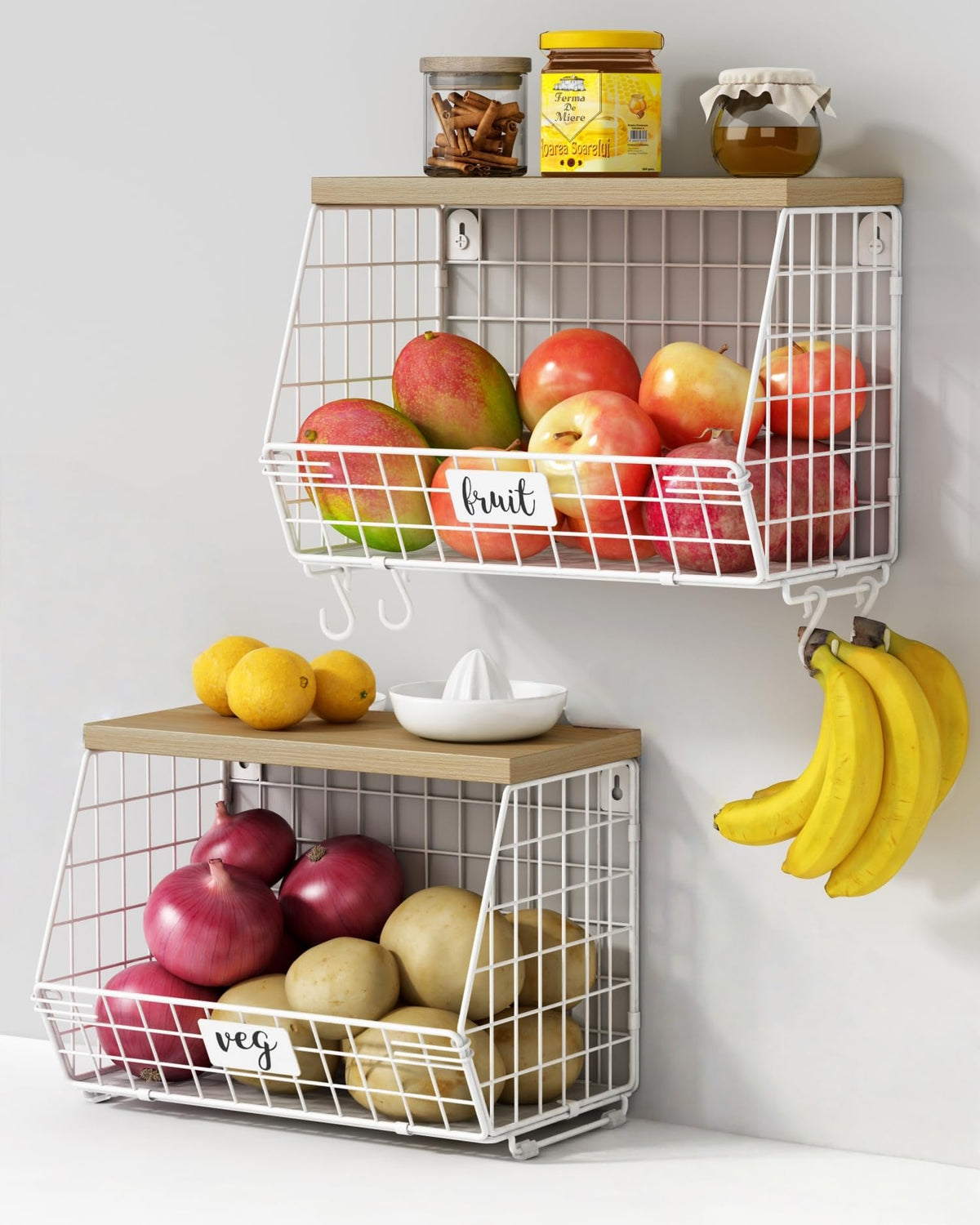 Goozii Hanging Wall Fruit Basket for Kitchen Counter 2 Pack, Stackable Wire Baskets for Organizing with Wood Lid, Potato and Onion Storage Bin with Banana Hook for Vegetable Produce, Black + Rustic