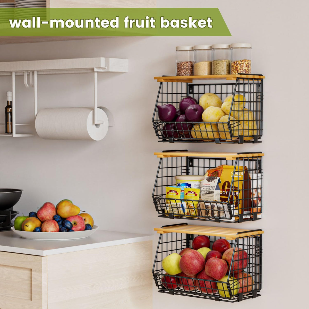 Hanging Fruit Basket for Kitchen, 3 Pack Vegetable Produce Basket