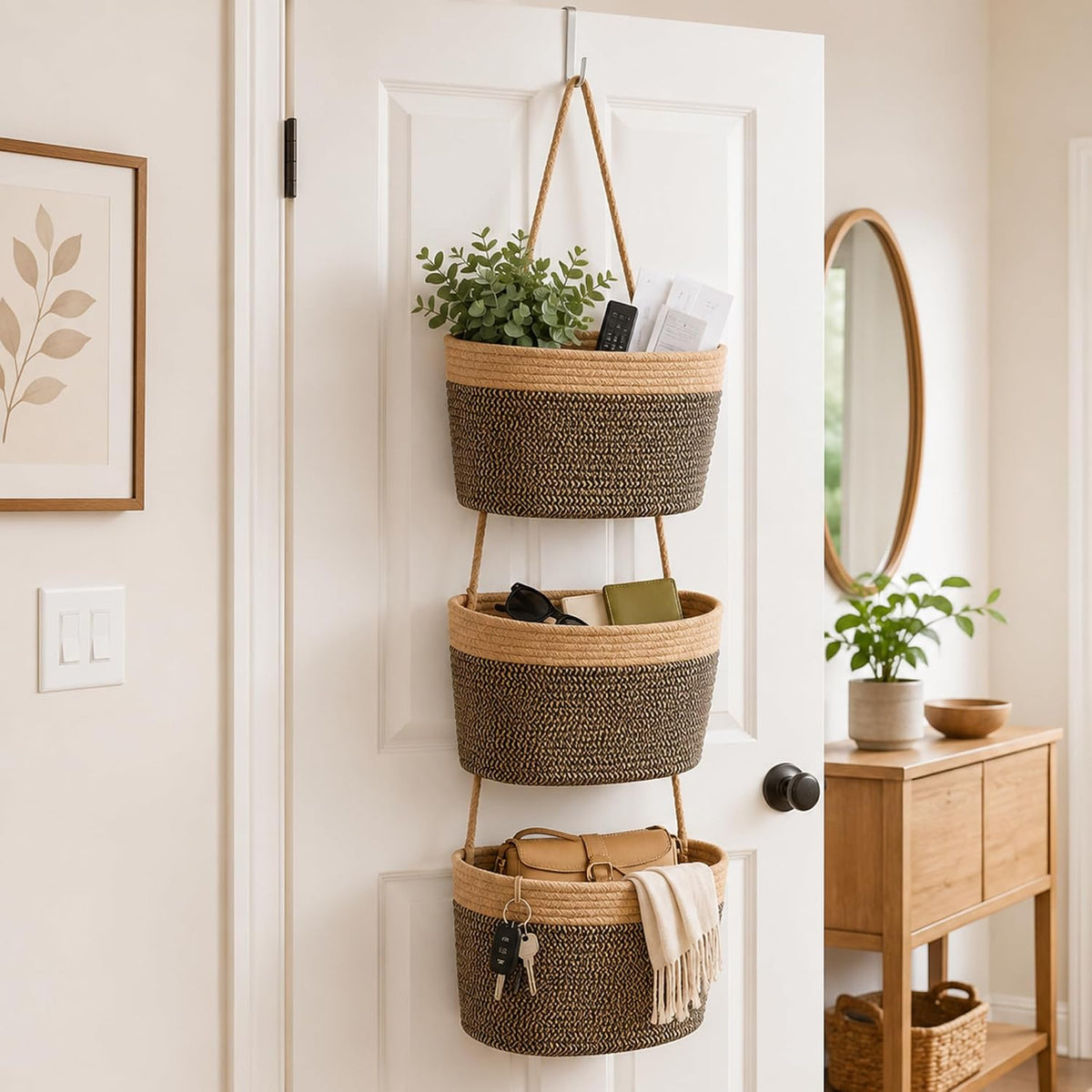 Novabright 3-Tier Hanging Basket Wall Mounted Woven Organizer, Boho Storage