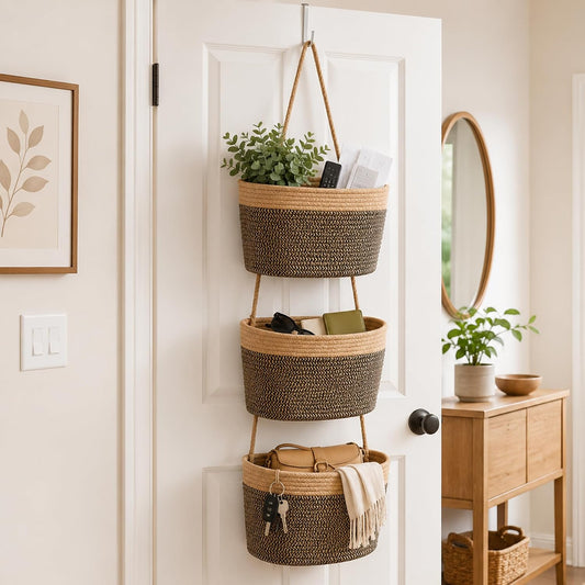 Novabright 3-Tier Hanging Basket Wall Mounted Woven Organizer, Boho Storage