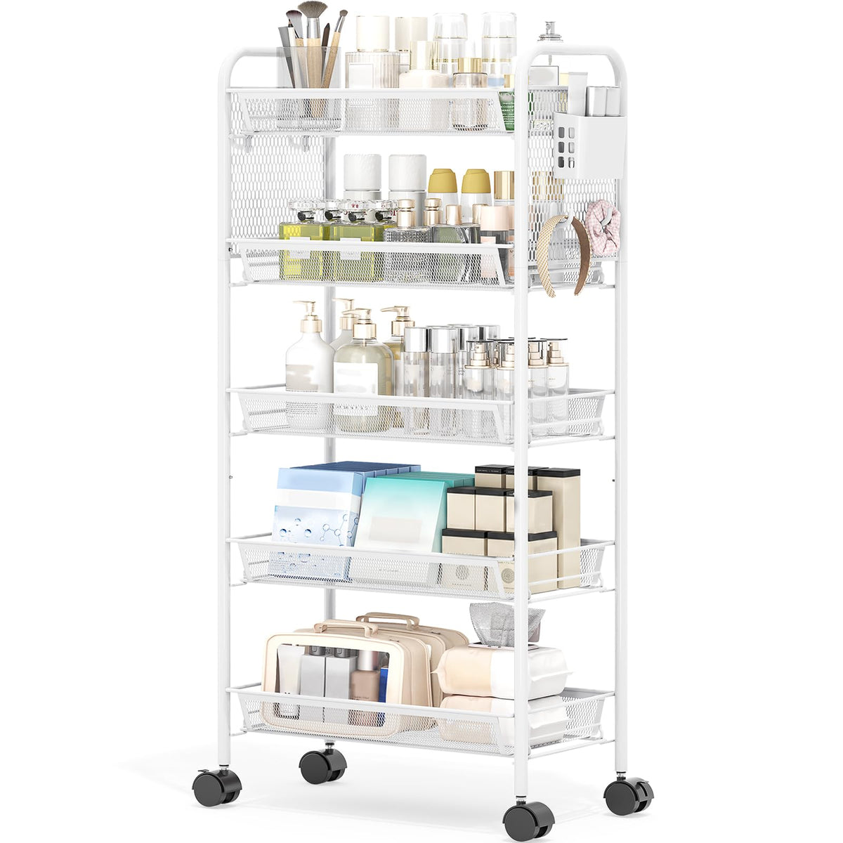 KINGRACK 4 Tier Rolling Cart, Metal Utility Storage Cart with Pegboard