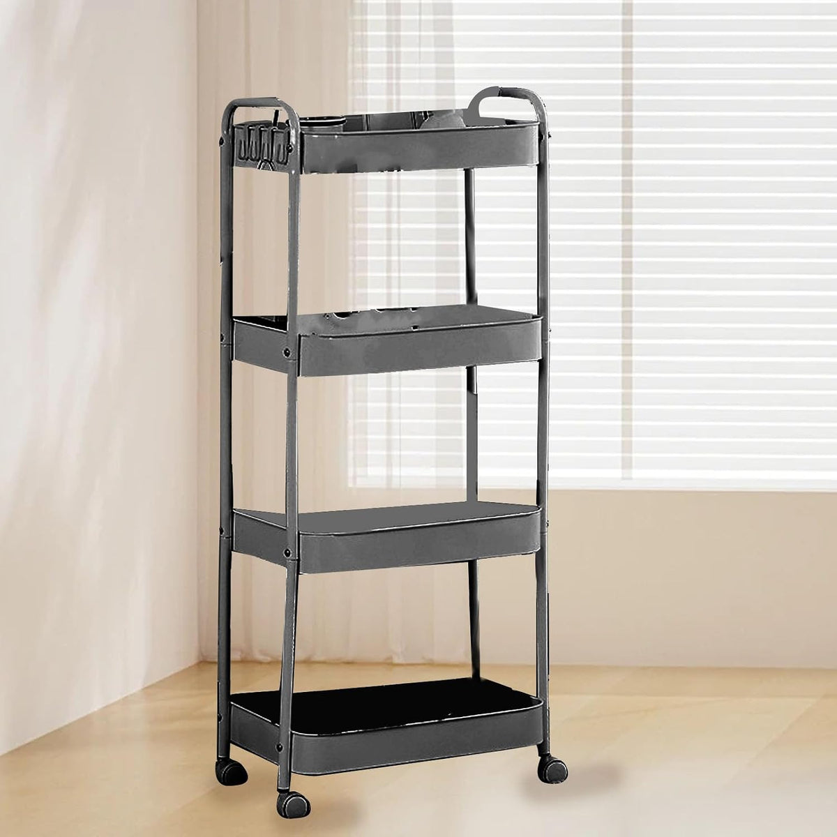 3 Tier Utility Rolling Cart, Storage Organizer Trolley with Caster Wheels, Movable Metal Storage Cart for Kitchen Bathroom Bedroom, Carbon Steel Multifunctional Shelving (4 Layers)