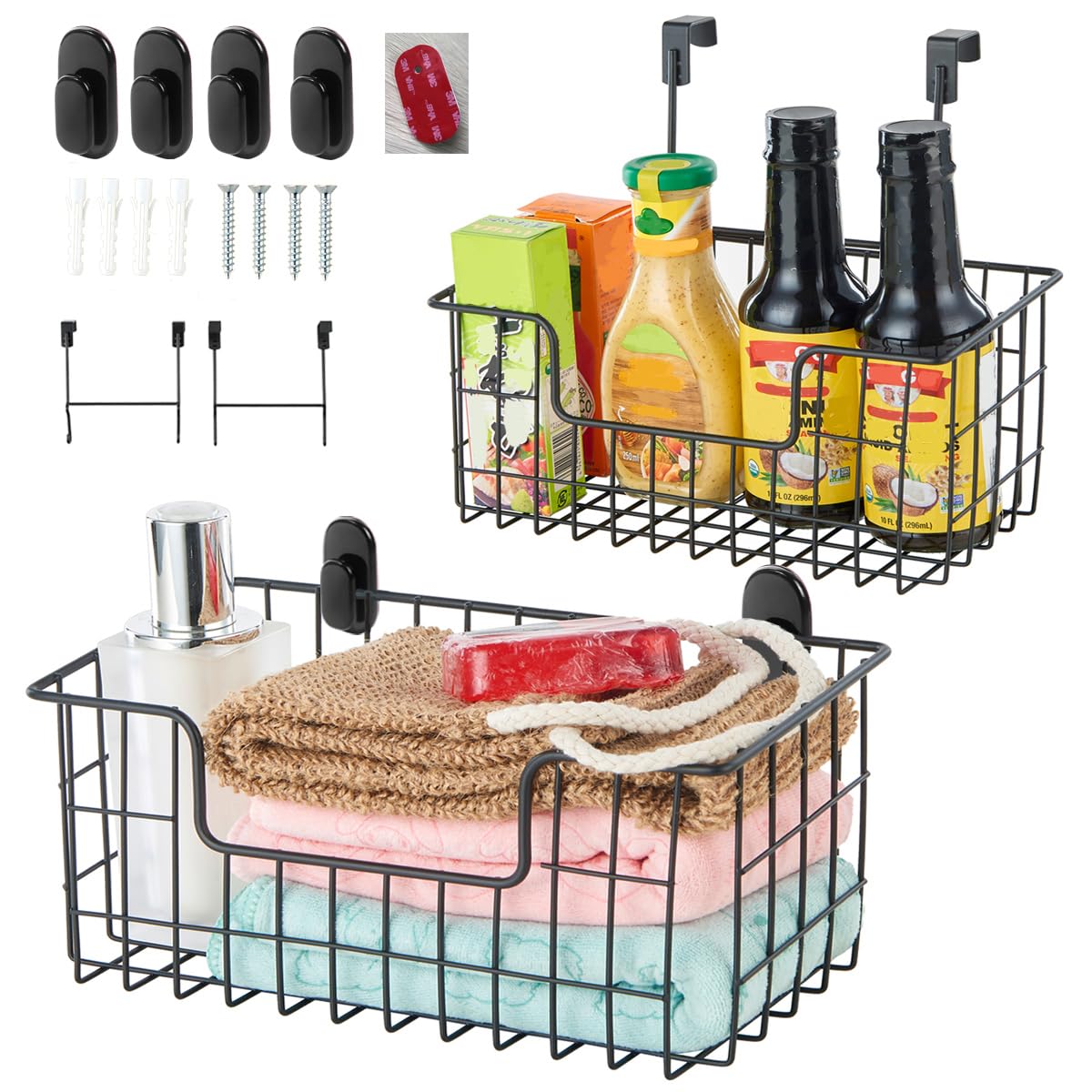 JUNCHU CHERRY Wire Hanging Storage Basket 2 Packs, Wall Mounted Kitchen Bathroom Storage Basket, Multi-Functional, No Punching, Strong Bearing, Chrome