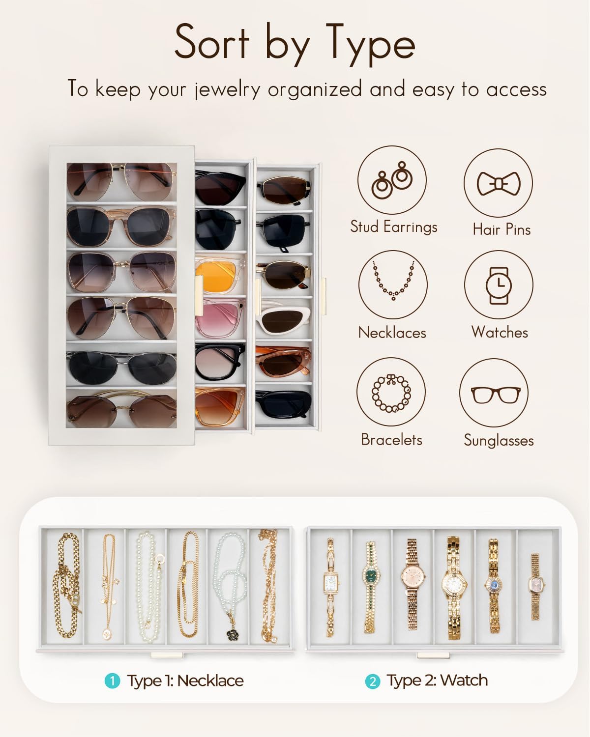 VLANDO 18-Slot Sunglasses Organizer Case with Clear Lid & 3 Drawers,Beige