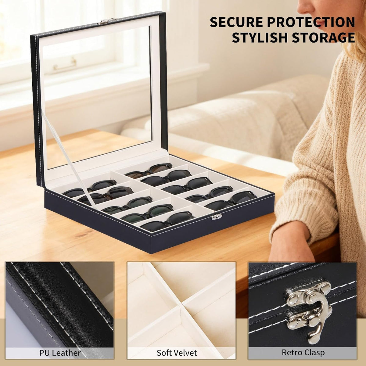AUTOARK Large Sunglasses Organizer Case,10 Slot,Black,MKAW-111