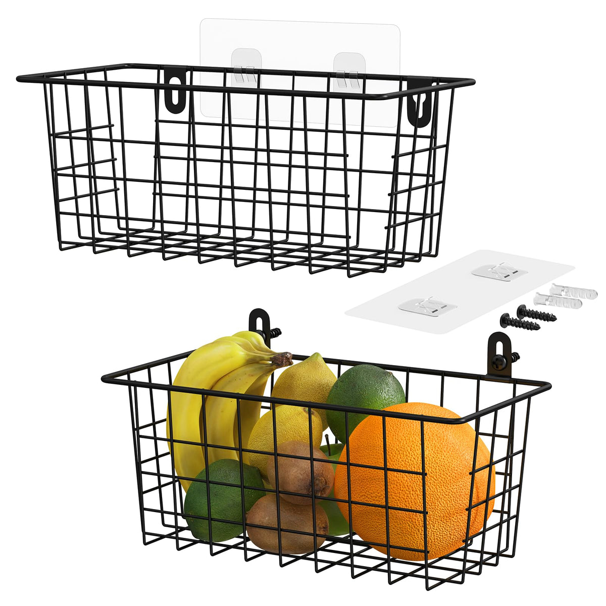 MaraFansie Wall Wire Baskets Bin No Drilling Adhesive Hanging Baskets Wall Mounted for Cabinet & Pantry Organization and Kitchen, Bathroom, Bedroom Storage, 2 Pack, White