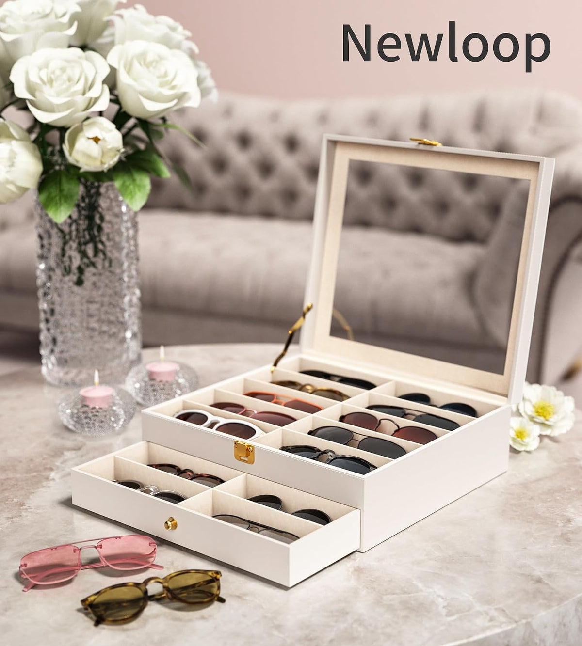NEWLOOP 20 Slots Sunglass Organizer for Women Men Sunglasses Storage Box for Multiple Pairs of Eyeglass Holder Display Case