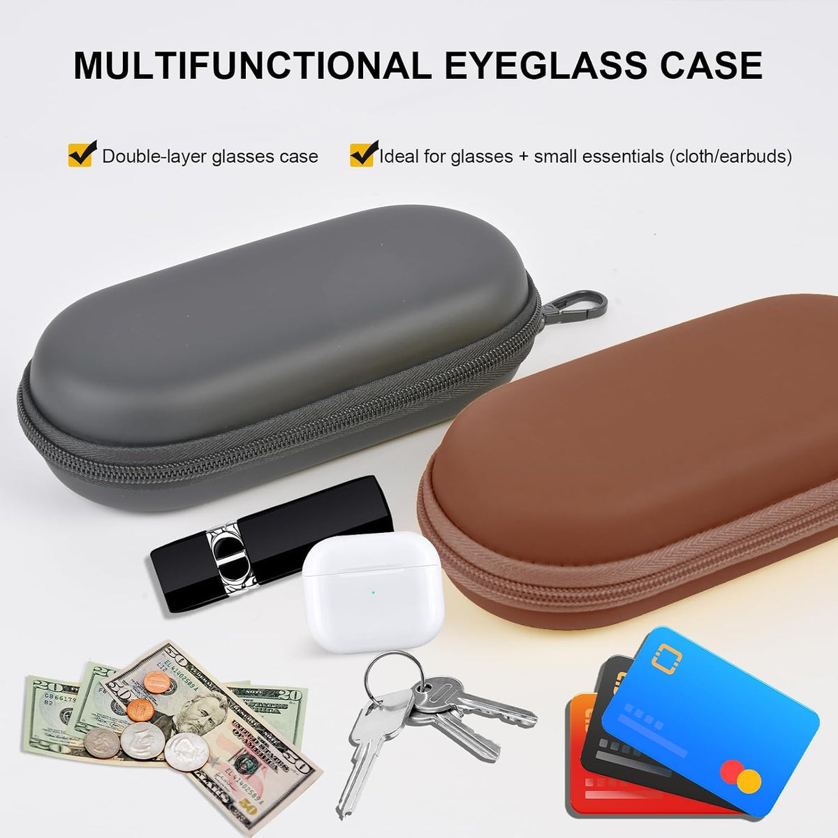 Double Glasses Case,Dual Eyeglasses & Sunglasses Organizer with Clip Zipper Closure for Travel 2 Pairs Storage Box