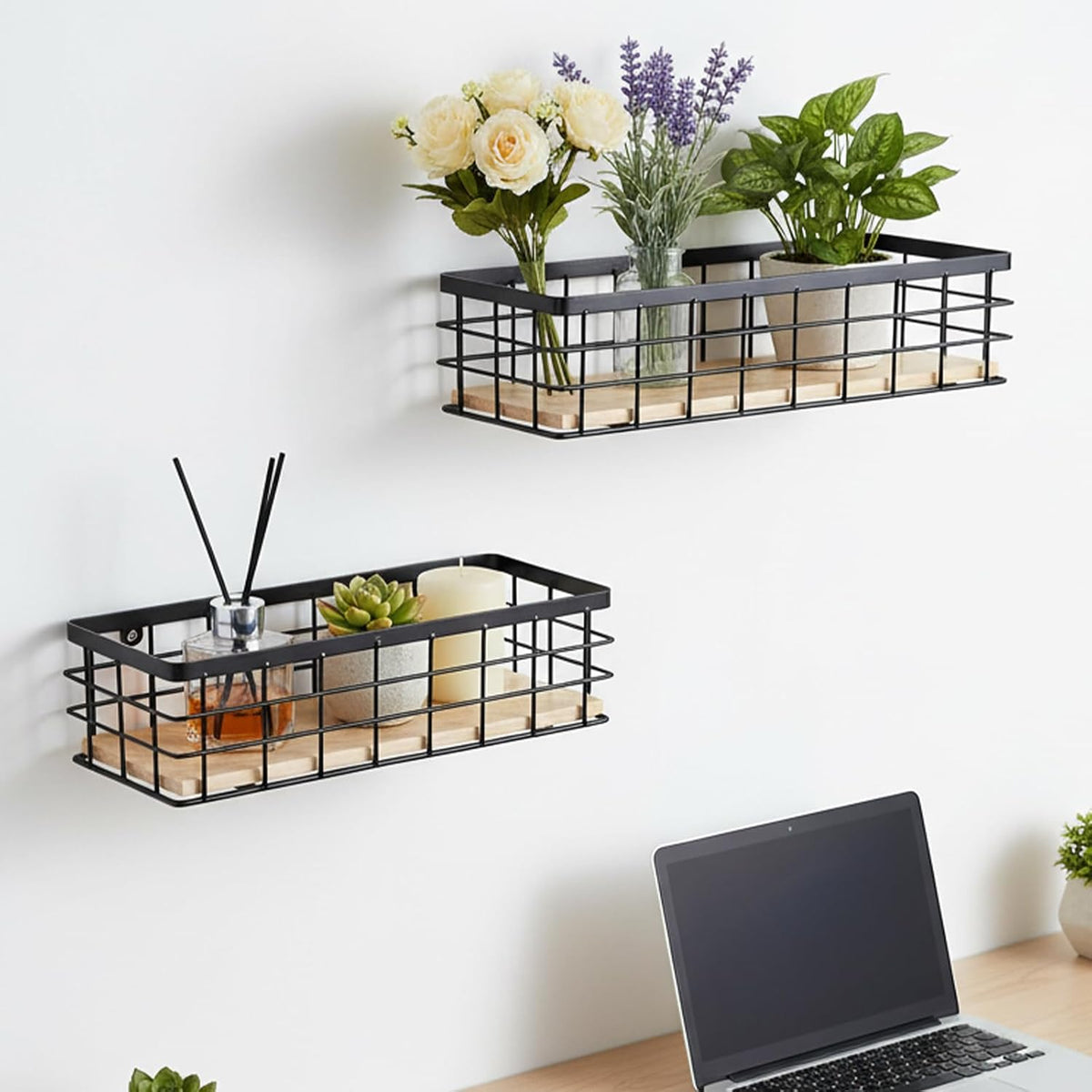 2 Pcs Small Metal Wire Basket Wall Hanging Wire Basket Hang Small Bathroom Kitchen Storage Organizer Toilet Paper Mesh Storage Bin Shelf Rack with Base(Black,10 x 4.1 x 2.7 Inches)