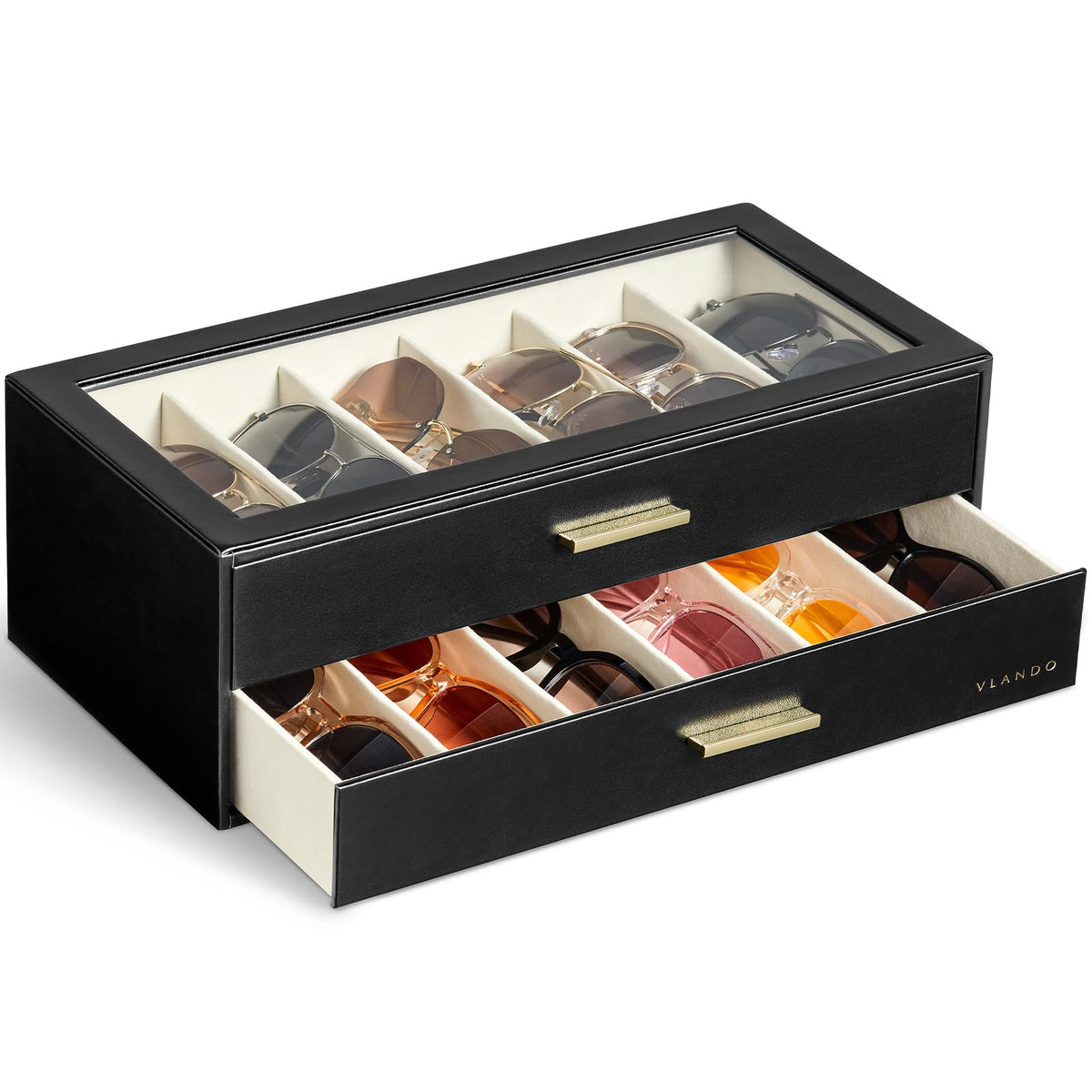 VLANDO 18-Slot Sunglasses Organizer Case with Clear Lid & 3 Drawers,Beige