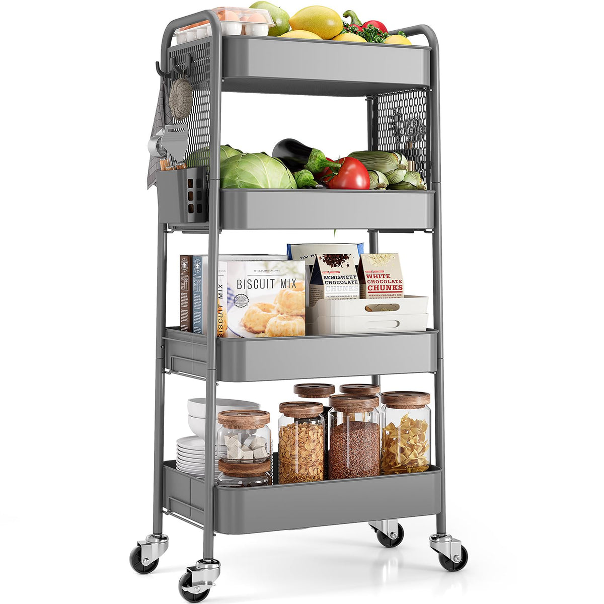 TOOLF 4 Tier Rolling Cart, Metal Utility Storage Cart with Pegboard, Black