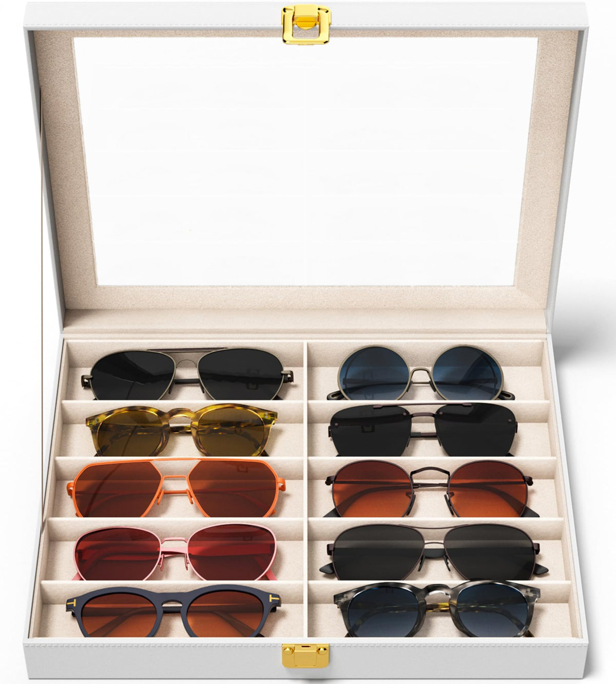 Sunglasses Organizer Storage Box - 10 Slots Eyeglass Display Case for Multiple Pair Glasses, Sunglass Holder with Clear Glass Lid, Jewelry and Watch Collection Box for Women and Men, Brown