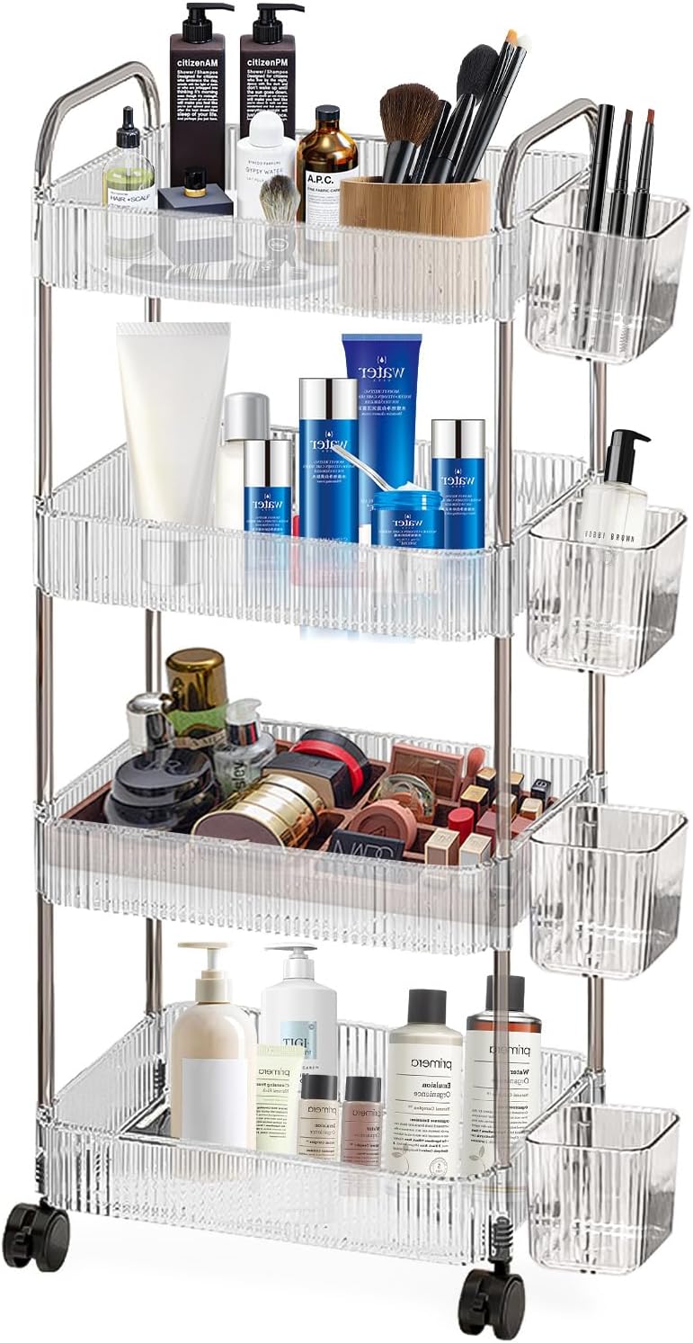 4 Tiers Rolling Storage Cart with Hanging Basket Acrylic Organizer