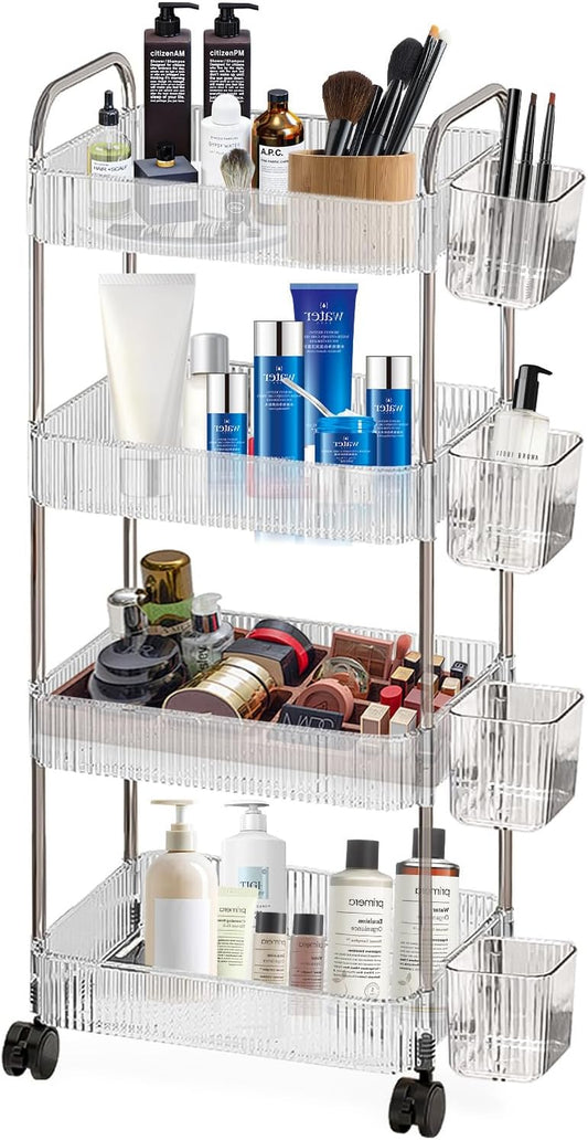 4 Tiers Rolling Storage Cart with Hanging Basket Acrylic Organizer