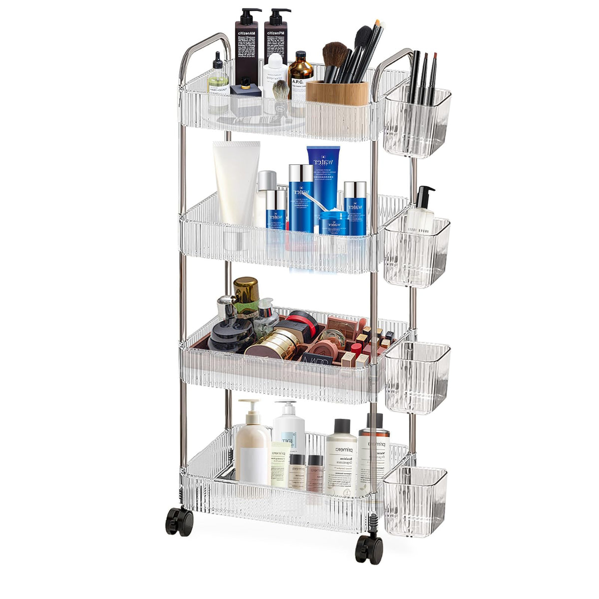 4 Tiers Rolling Storage Cart with Hanging Basket Acrylic Organizer