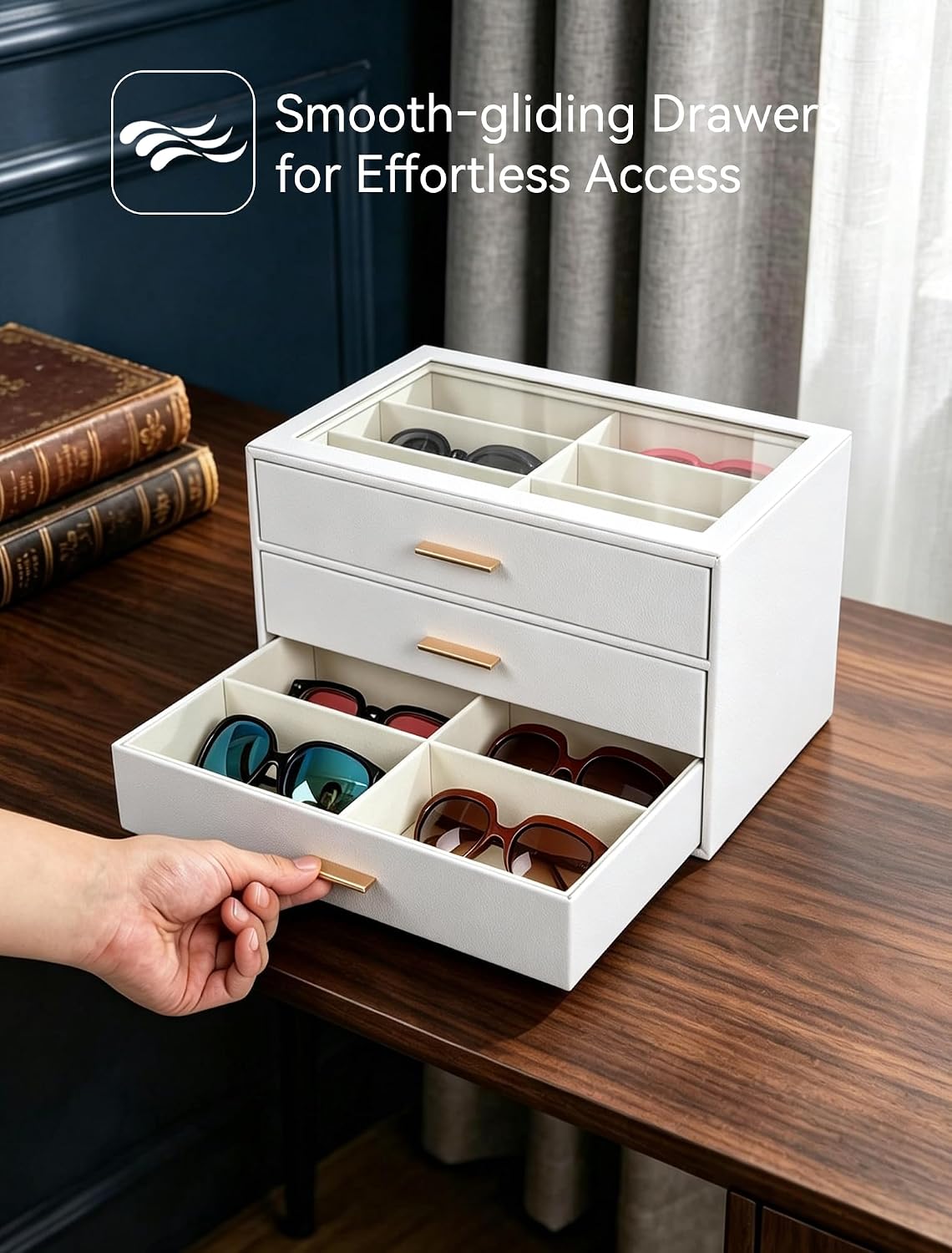 Sunglasses Organizer for Storage Oversize Glasses, Update Pebbled Leather
