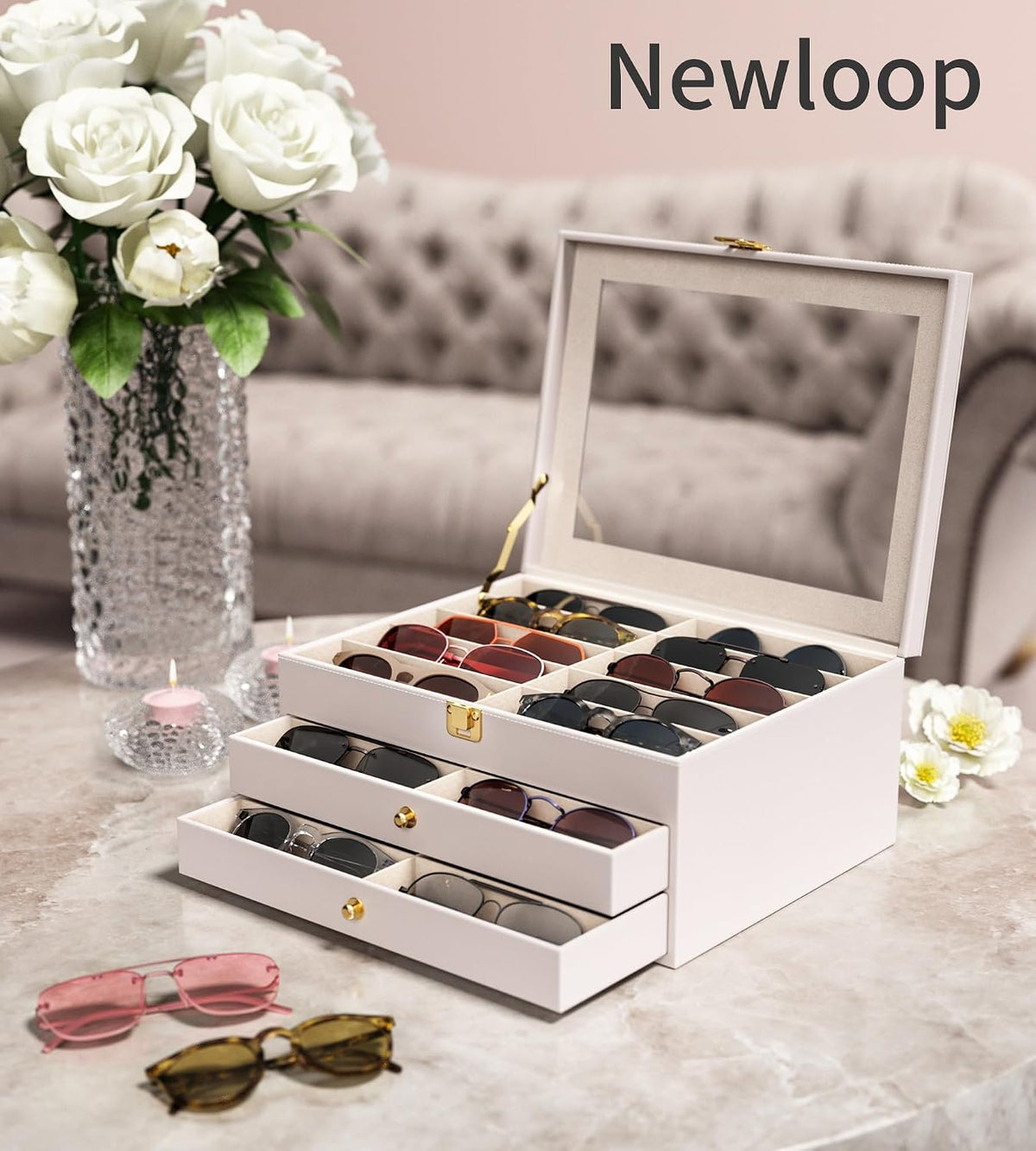 NEWLOOP 10/30 Slots Sunglass Organizer for Multiple Pairs of Eyeglass See-through Display Case Storage Box for Women Men