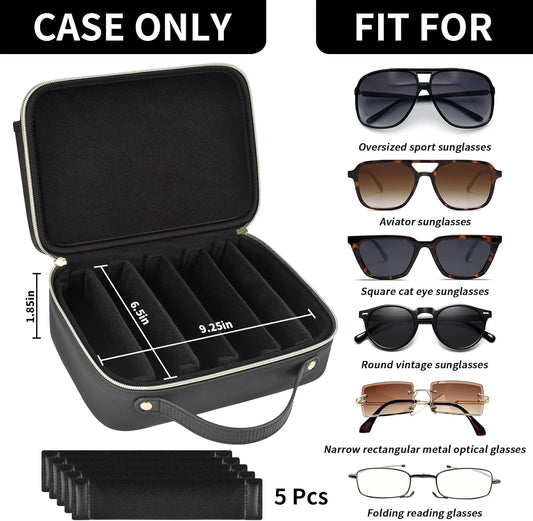 Travel Sunglasses Organizer Case with Adjustable Dividers for 6 Pairs-Portable Eyeglasses Storage Box for Men & Women