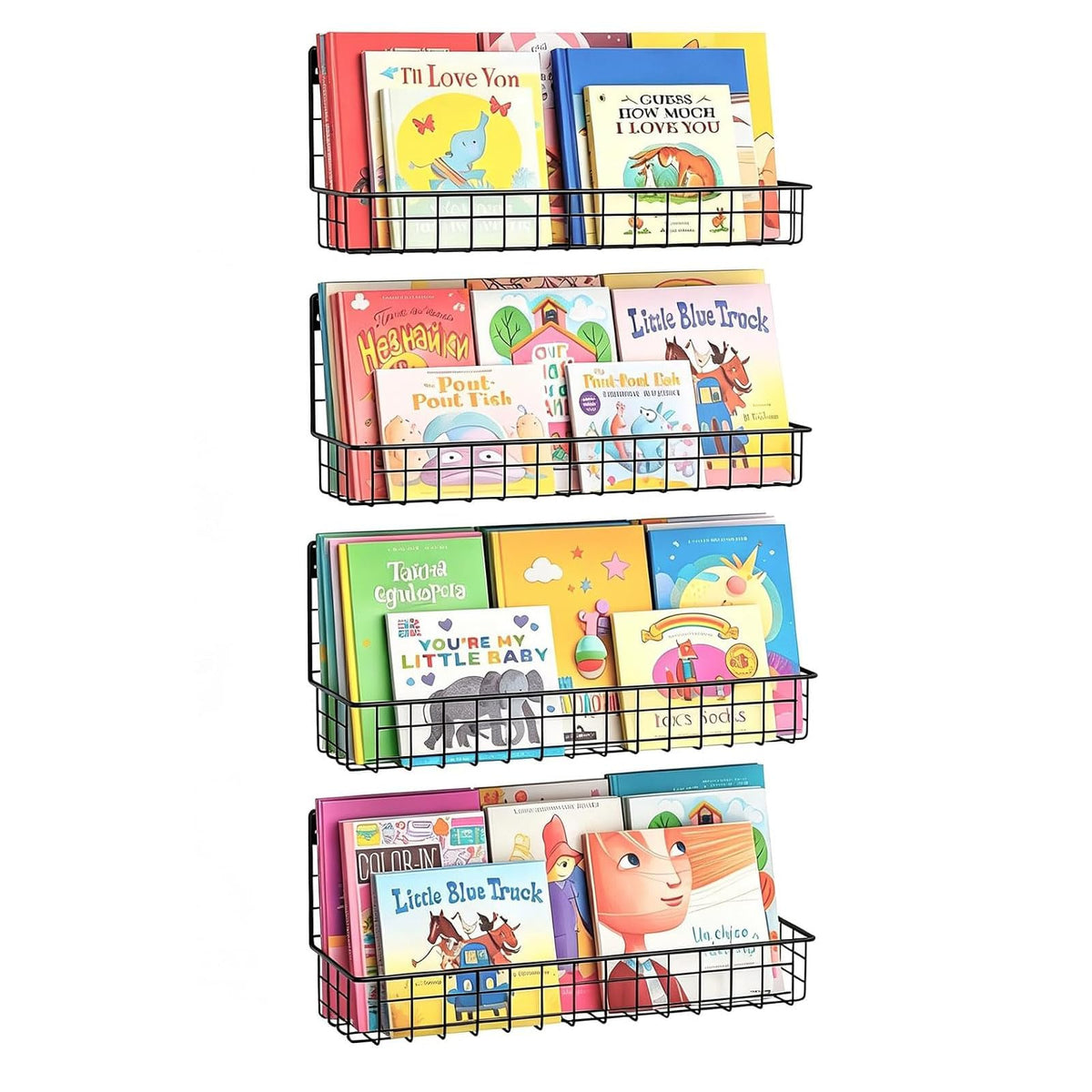 X-cosrack 23.5 Inch Wall Mounted Kids Bookshelf, Floating Metal Book Shelves for Kids Nursery Toddler Classroom, Hanging Book Shelf Organizer for Room Decor, Black, Set of 4