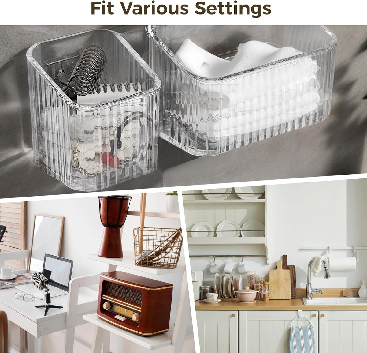 8 Pack Clear Wall Mounted Storage Bins, Acrylic Cabinet Door Organizer Baskets, Bathroom Wall Storage Organizer with Drain Hole, Adhesive Hanging Bins for Fridge Kitchen, BPA Free