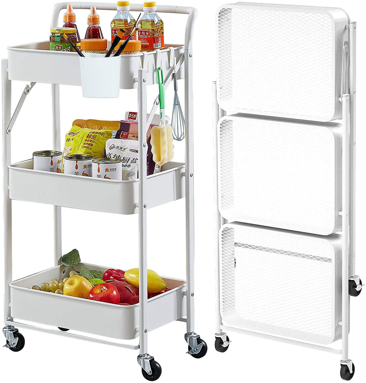 Foldable Rolling Cart 3 Tier Utility Storage Cart No Assembly Metal Heavy Duty Kitchen Carts Folding on Wheels Trolley Organizer Cart with Cup and Hooks for Office/Classroom/Dorm(Black)