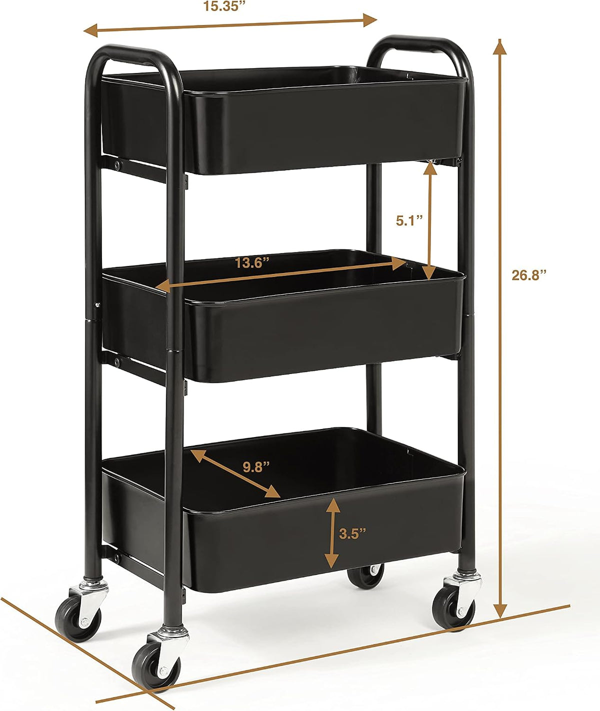 SunnyPoint 3-Tier Delicate Compact Rolling Metal Storage Organizer - Mobile Utility Cart Kitchen/Under Desk Cart with Caster Wheels - BLK (15.35" X 10.24" X 26.8"H)