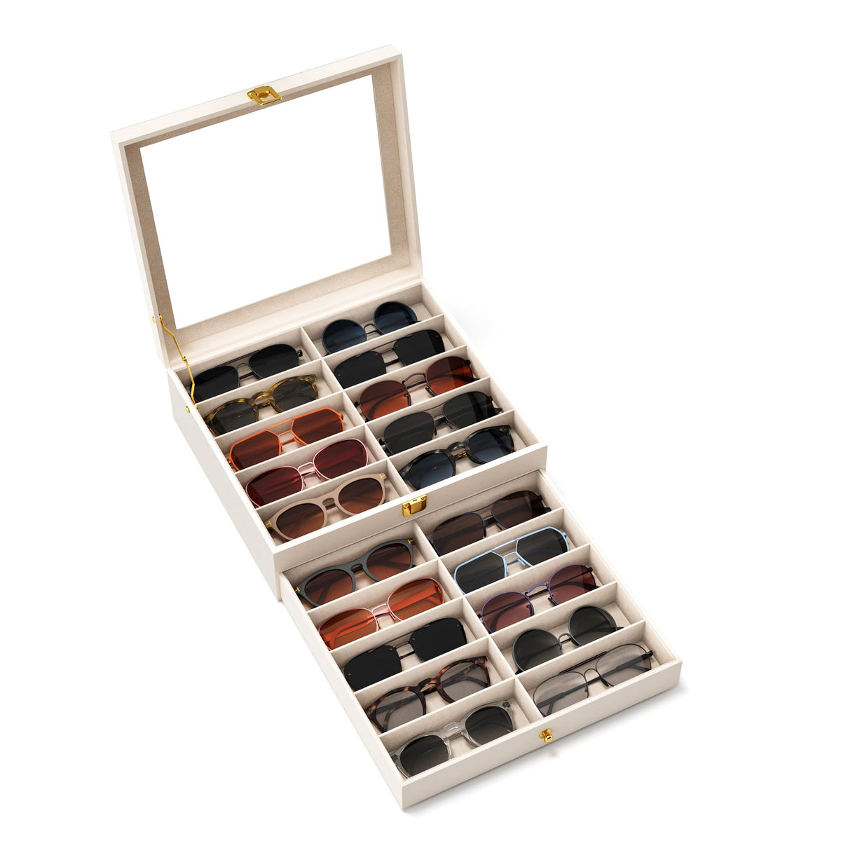 Sunglasses Organizer Storage Box - 10 Slots Eyeglass Display Case for Multiple Pair Glasses, Sunglass Holder with Clear Glass Lid, Jewelry and Watch Collection Box for Women and Men, Brown