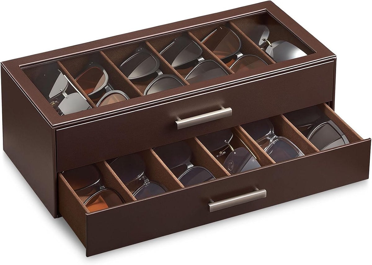 ProCase Sunglasses Organizer Box with Clear Glass Lid, PU Leather Eyeglass Storage Display Case for Men and Women