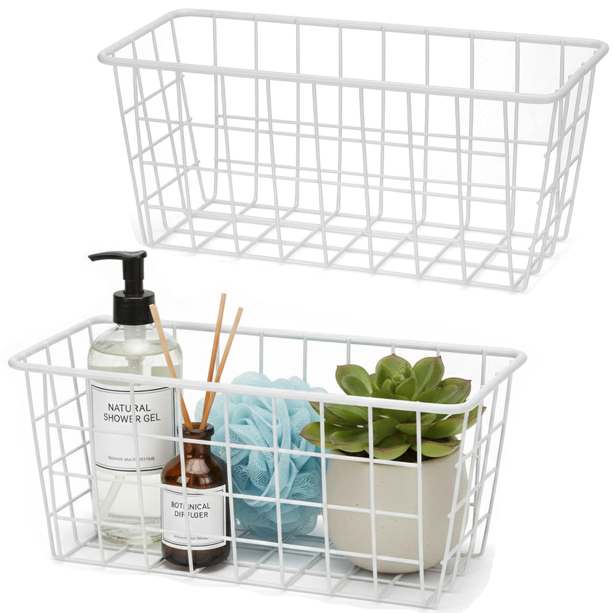 Hanging Kitchen Baskets Adhesive Sturdy Wire Storage Baskets with Kitchen Food Pantry Bathroom Shelf Storage No Drilling Wall Mounted,White,2 Pack