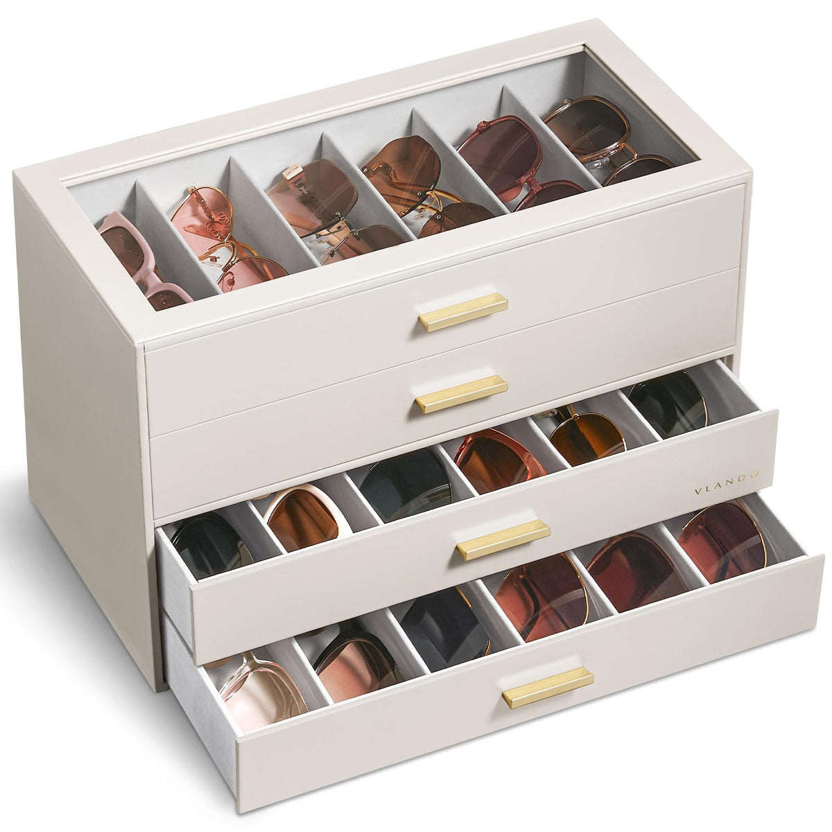 VLANDO 18-Slot Sunglasses Organizer Case with Clear Lid & 3 Drawers,Beige