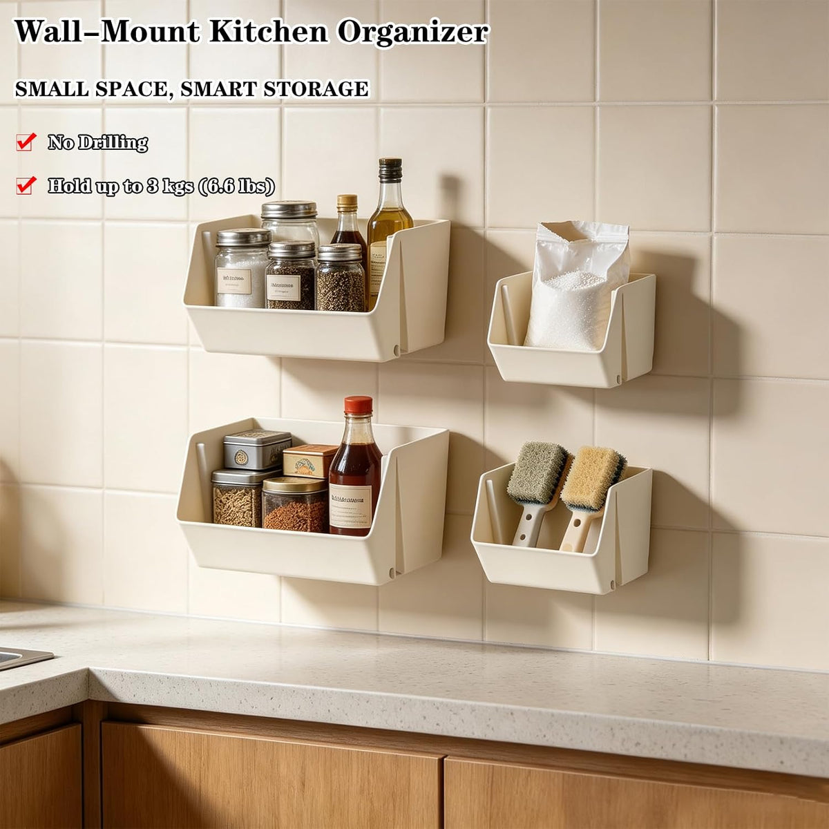 Lae Nuvole Wall Mounted Storage Organizer Bins, Adhesive Baskets 4 Pack