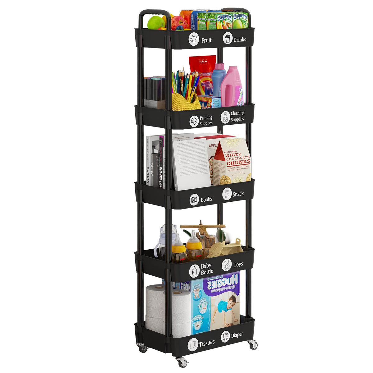 5 Tier Rolling Cart with Wheels,Utility Storage Carts,Black