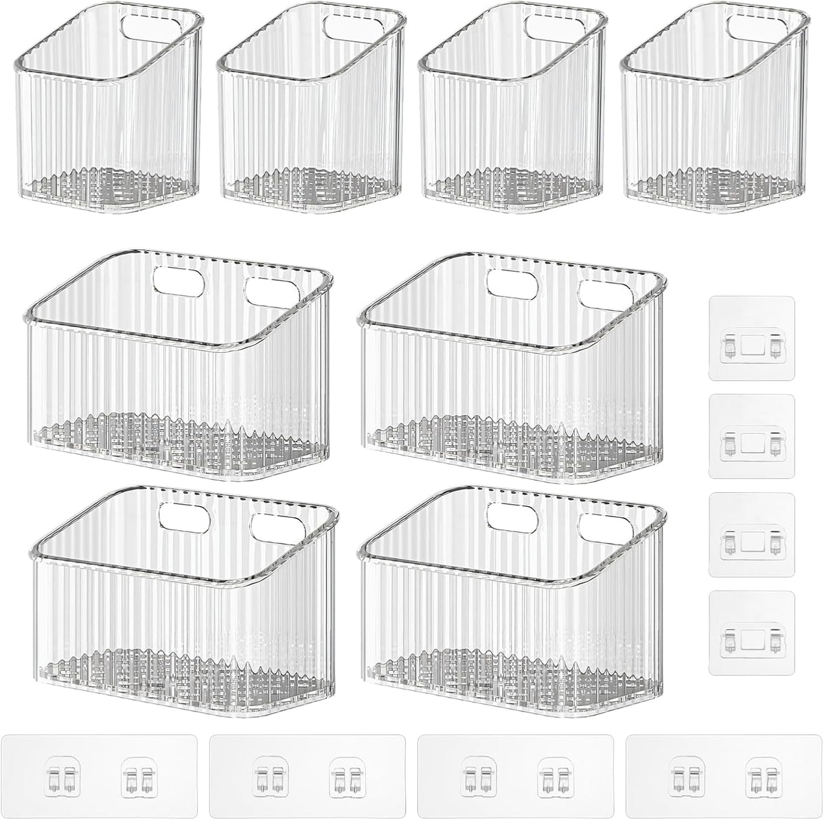 8 Pack Clear Wall Mounted Storage Bins, Acrylic Cabinet Door Organizer Baskets, Bathroom Wall Storage Organizer with Drain Hole, Adhesive Hanging Bins for Fridge Kitchen, BPA Free