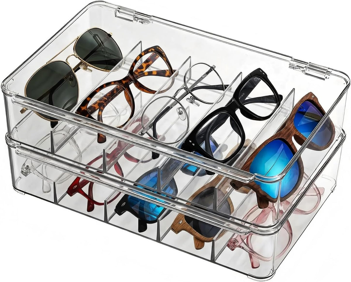 Sunglasses Organizer - Plastic Stackable Eyeglass Case Storage for Multiple Glasses & Reading Glasses