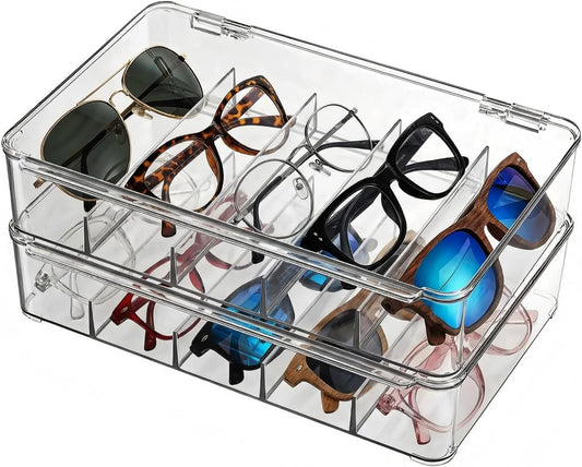 Sunglasses Organizer - Plastic Stackable Eyeglass Case Storage for Multiple Glasses & Reading Glasses
