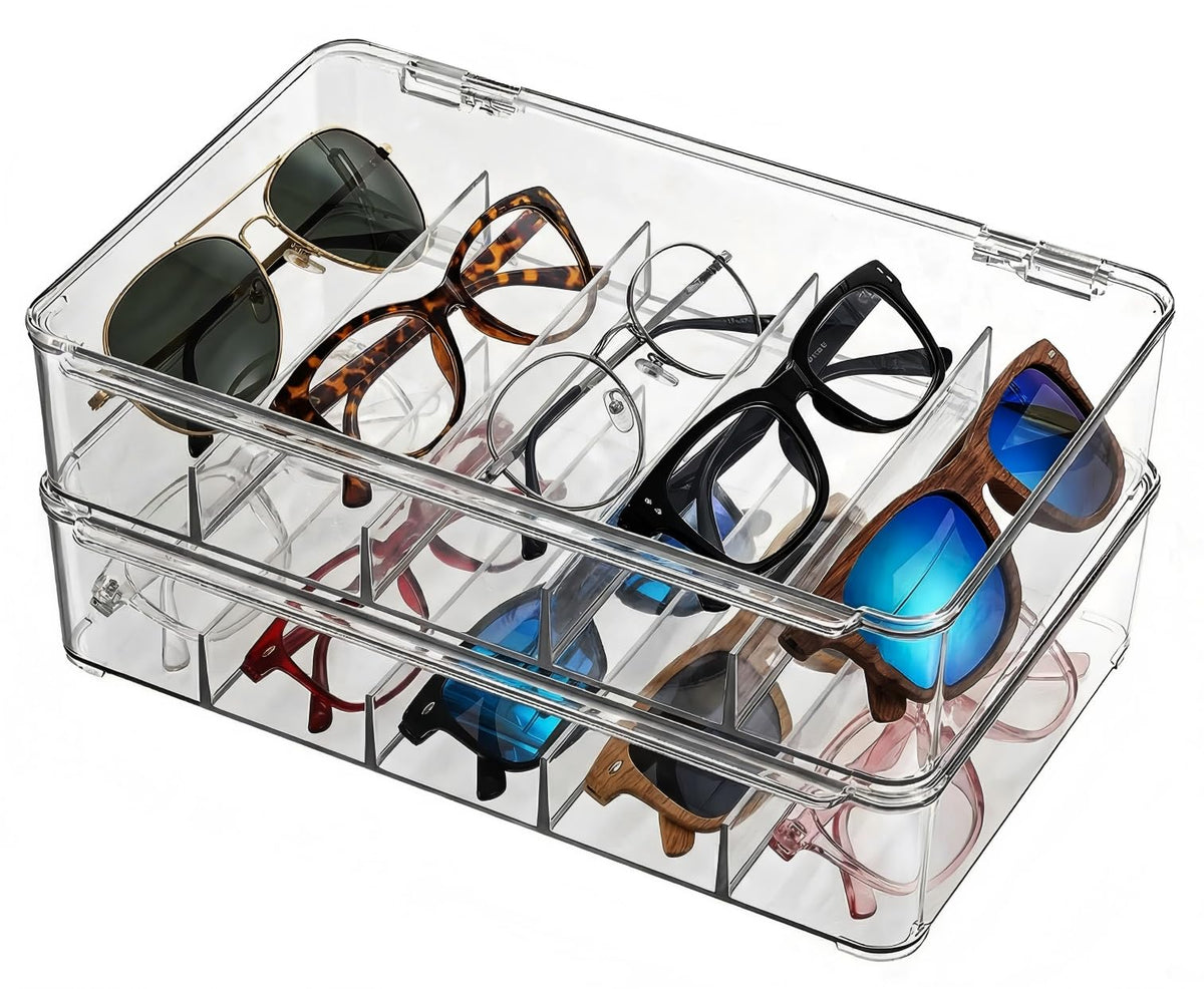 Sunglasses Organizer - Plastic Stackable Eyeglass Case Storage for Multiple Glasses & Reading Glasses