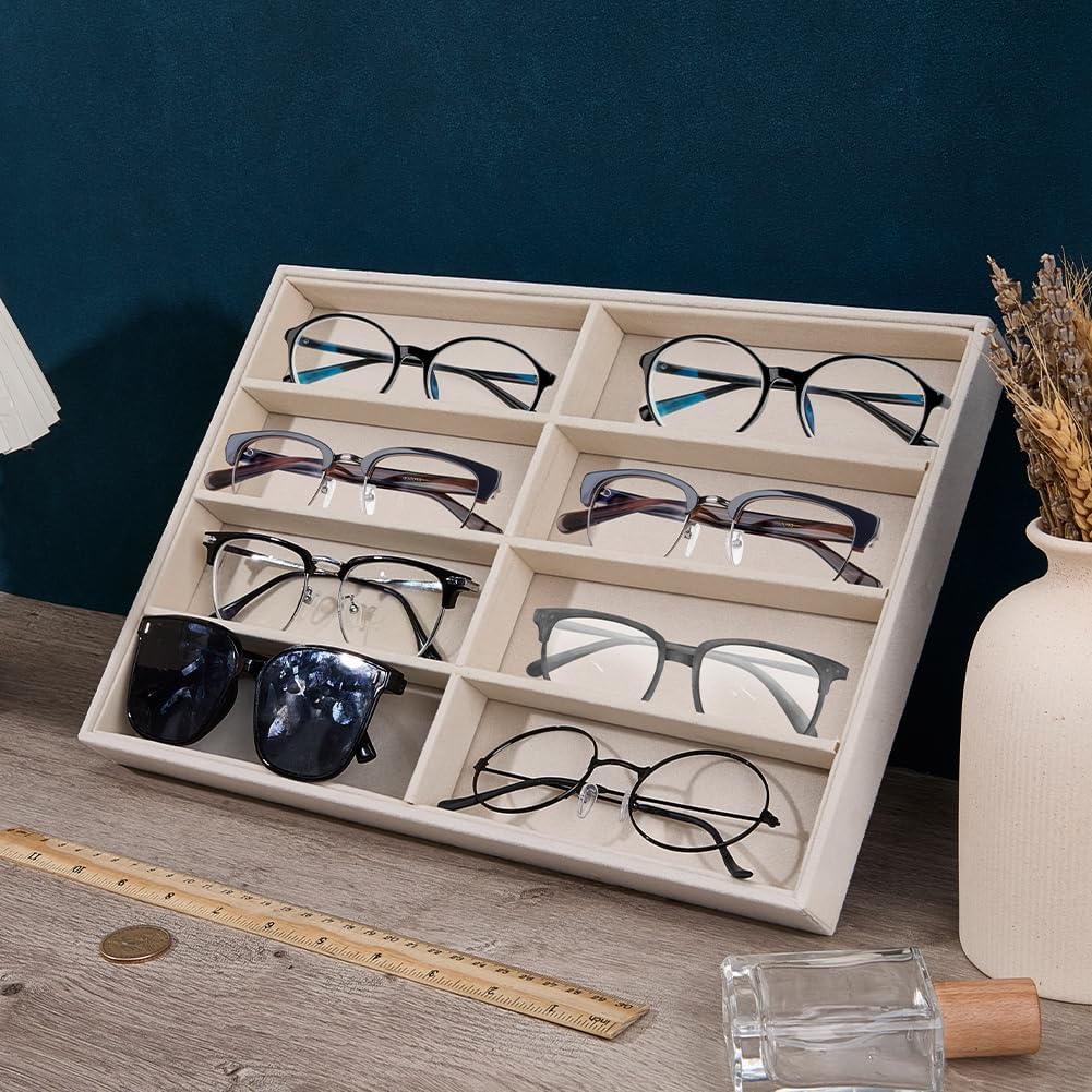 CREATCABIN Velvet Sunglasses Organizer Tray 8 Grids Drawer Glasses Display Storage Case Trays Stackable Sunglass Organizer Holder Box for Women Men Eyeglasses Jewelry Watch Beige 14 x 9.5 x 1.2in