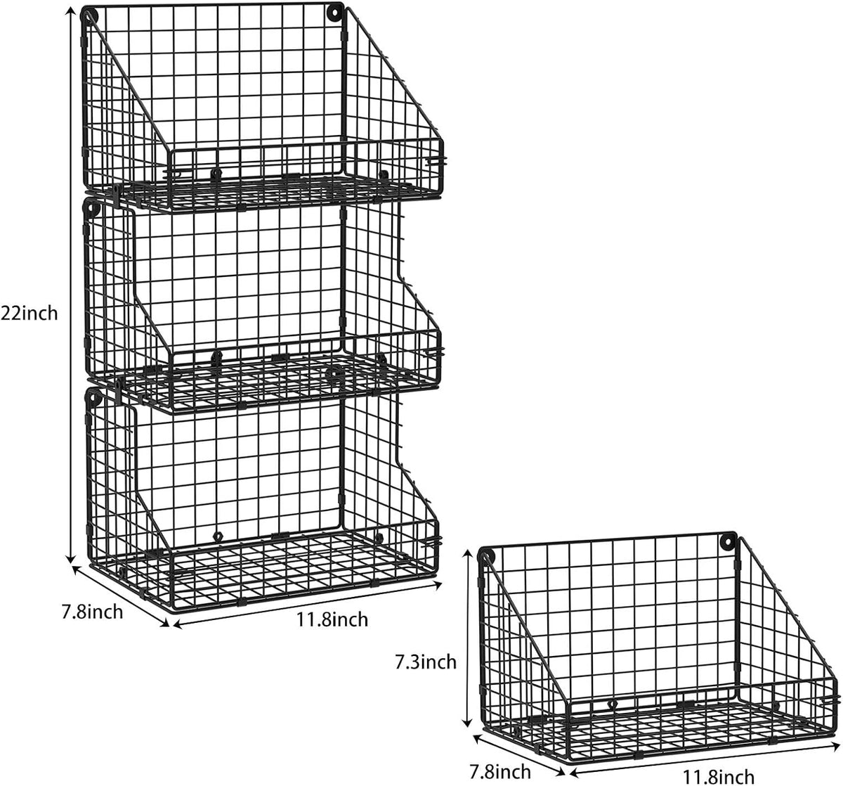 X-cosrack 3-Tier Stackable Detachable Snack Organizer (Large Size), Countertop Display/Wall Mounted Shelf with 5 Hooks Wire Basket Snack Shelf for Office Cabinets, Kitchen, Pantry, 11.8x7.8x22 Inch