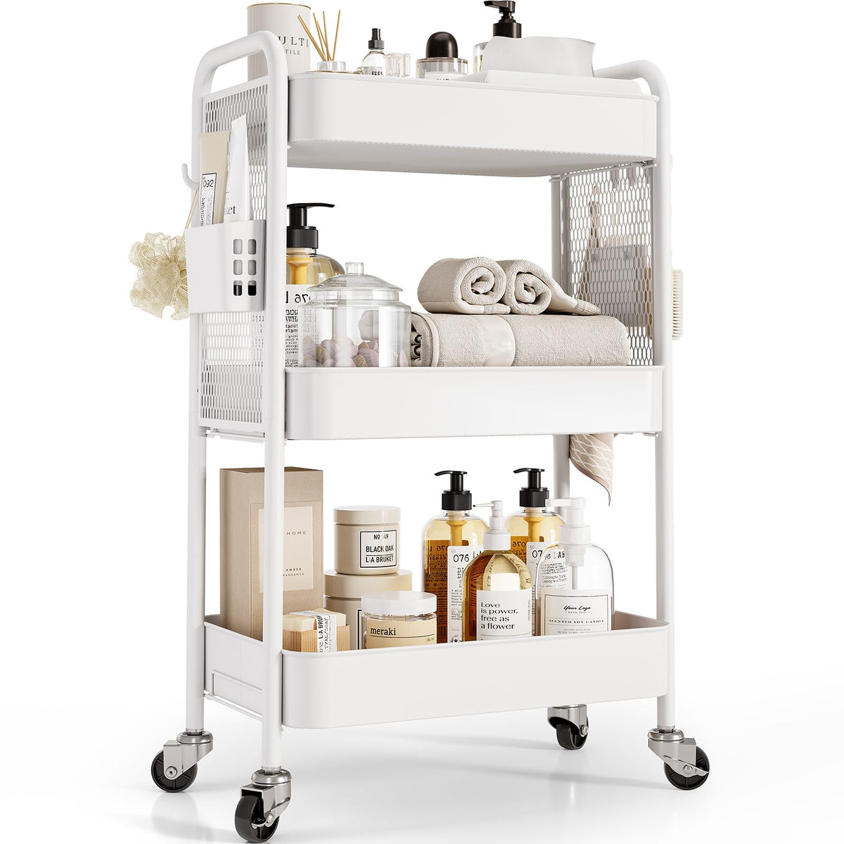 TOOLF 4 Tier Rolling Cart, Metal Utility Storage Cart with Pegboard, Black