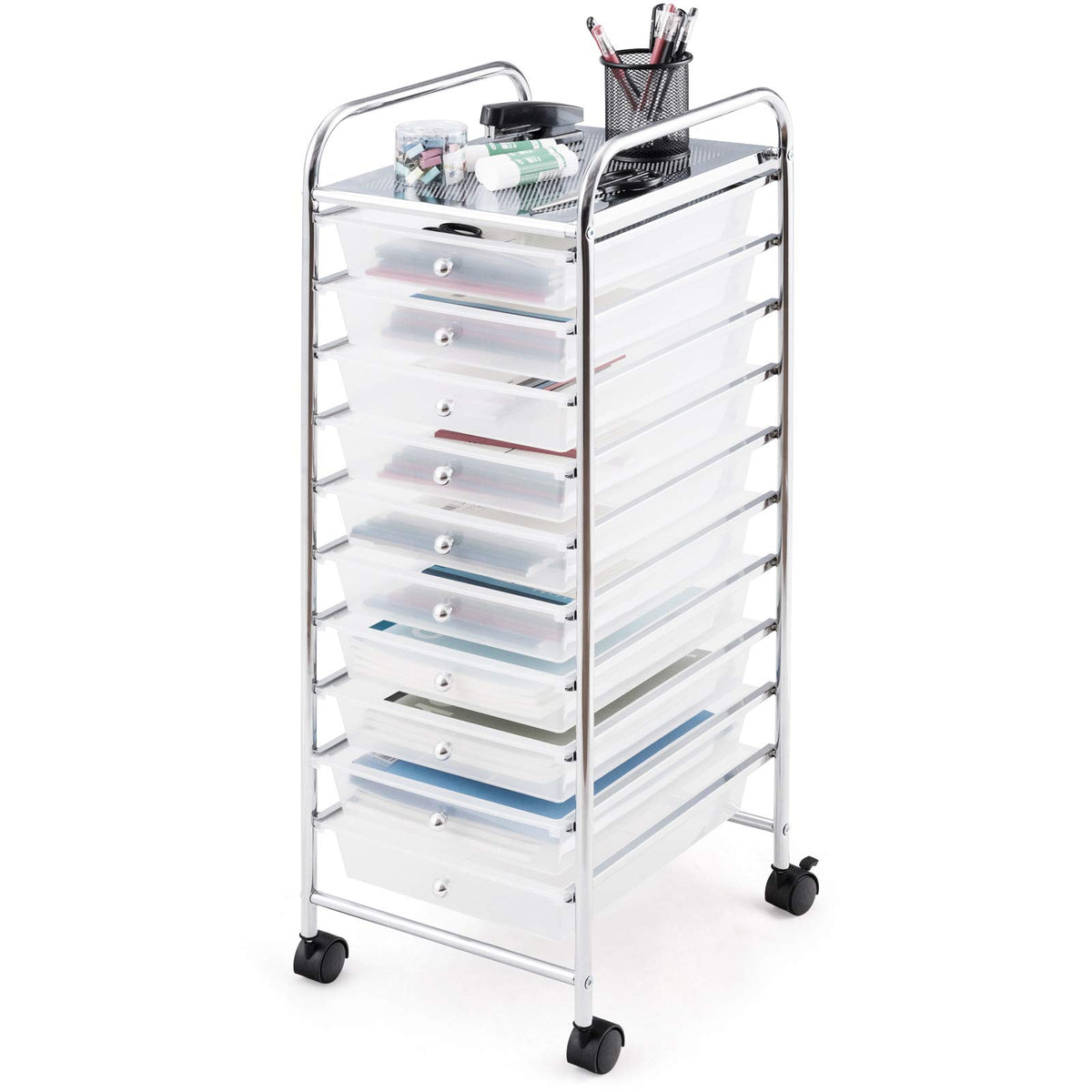 Happygrill 10-Drawer Storage Cart, Utility Cart with Removable Drawers & Metal Frame, Rolling Storage Cart with Lockable Wheels for Home, Office, Multicolor