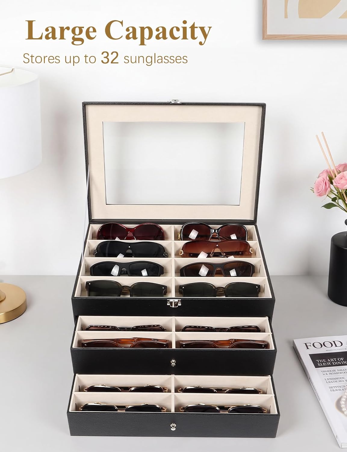 Sunglasses Glasses Storage Organizer Case with 32 Adjustable Slots, 3 Layer Multi Eyeglass Display Box with Lid Women