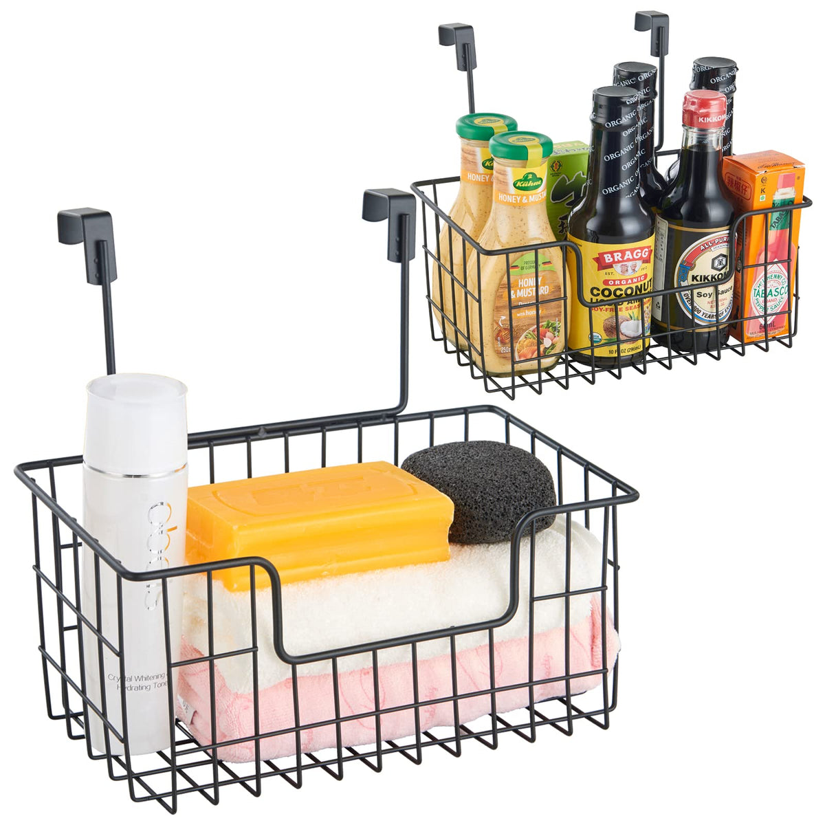 JUNCHU CHERRY Wire Hanging Storage Basket 2 Packs, Wall Mounted Kitchen Bathroom Storage Basket, Multi-Functional, No Punching, Strong Bearing, Chrome